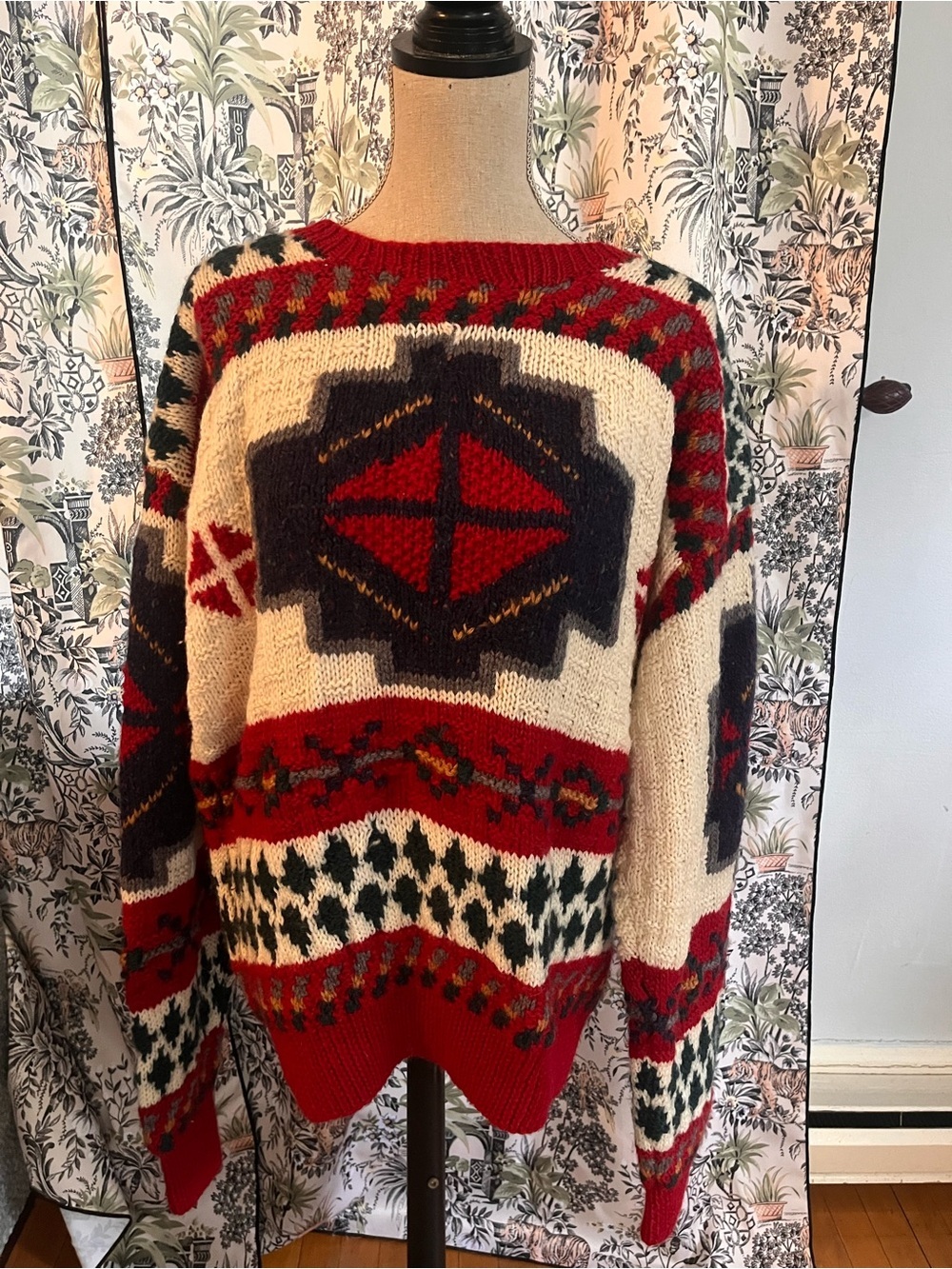 100% wool vintage Boston traders red & Cream Fair Isle Knit Sweater